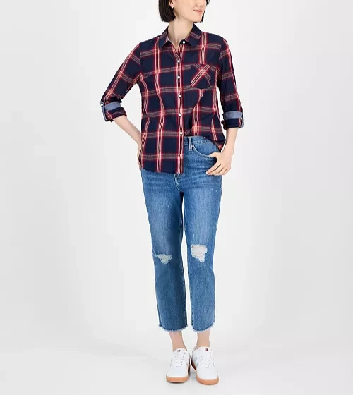 Tommy Hilfiger Crinkled Plaid Button-Front Shirt MSRP $69