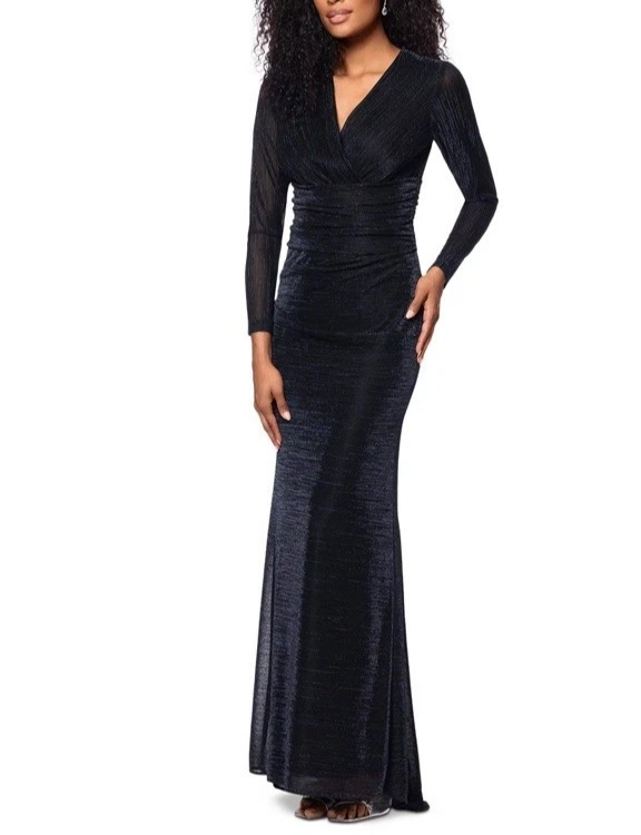 Betsy & Adam Metallic V-Neck Long-Sleeve Gown MSRP $279