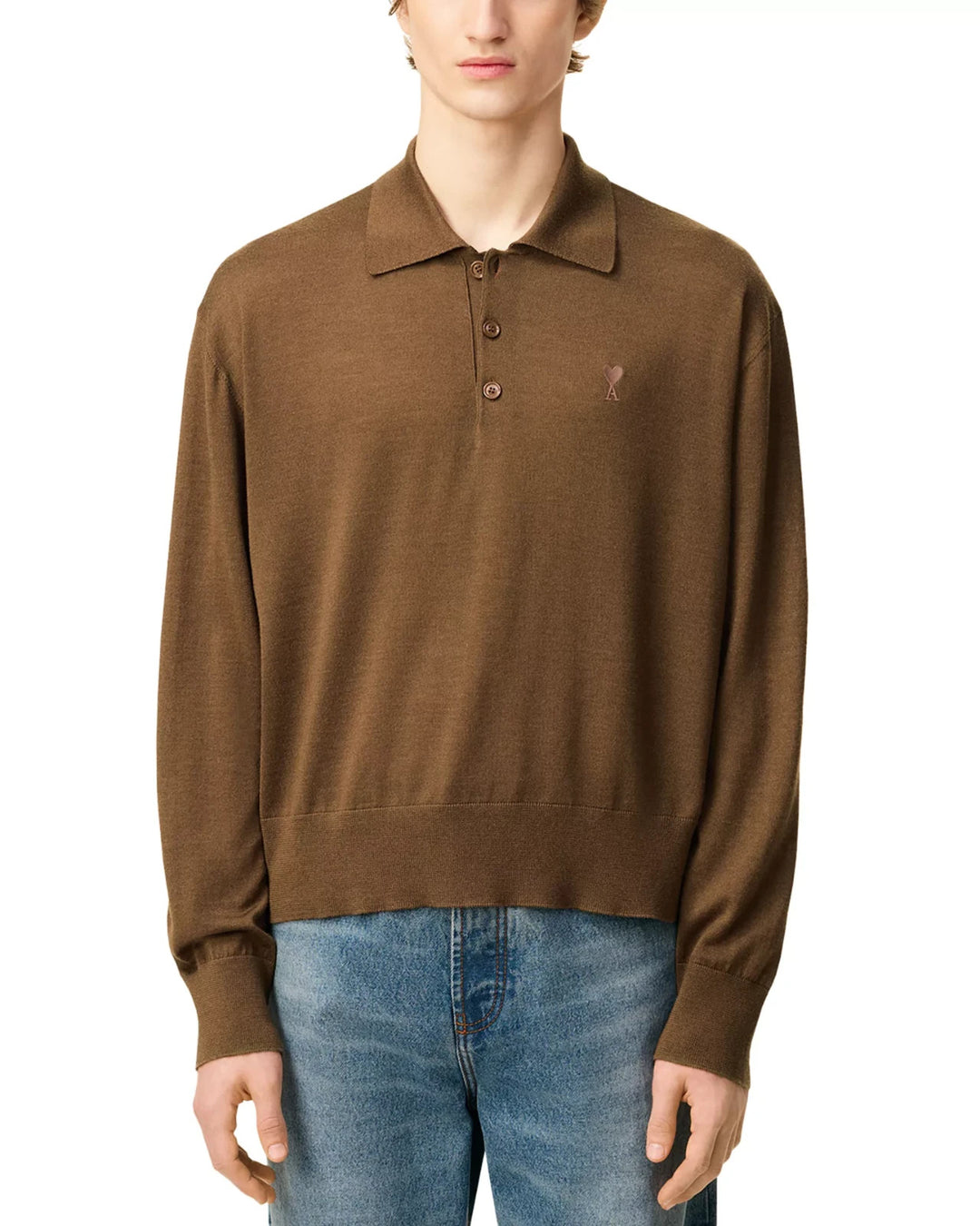 AMI Ami De Coeur Regular Fit Long Sleeve Wool Silk Blend Polo Sweater MSRP $550