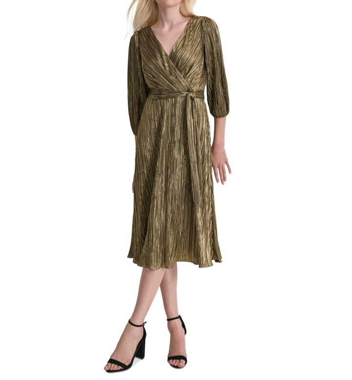 Dkny Women's Faux-Wrap Metallic Balloon-Sleeve Dress MSRP $159
