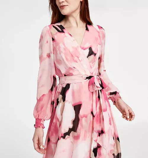 Anne Klein Printed Smocked-Cuff Midi Dress MSRP $139