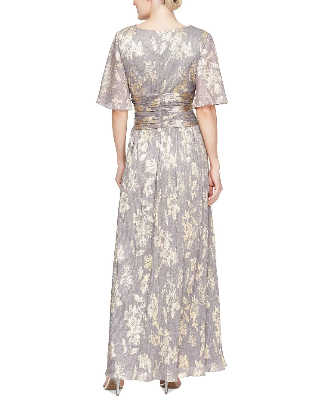 SL Fashions Foil-Print V-Neck Ruched-Waist Gown MSRP $139 DGFOutlet SL Fashions Foil-Print V-Neck Ruched-Waist Gown MSRP $139 DGFOutlet
