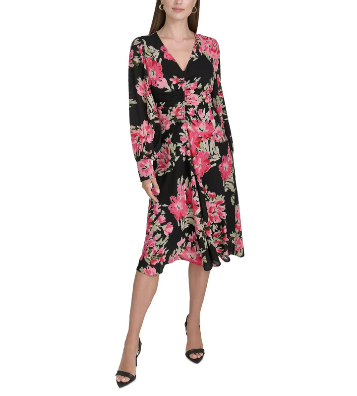 Halston Women's Floral-Print Ruched Fit & Flare Dress MSRP $139
