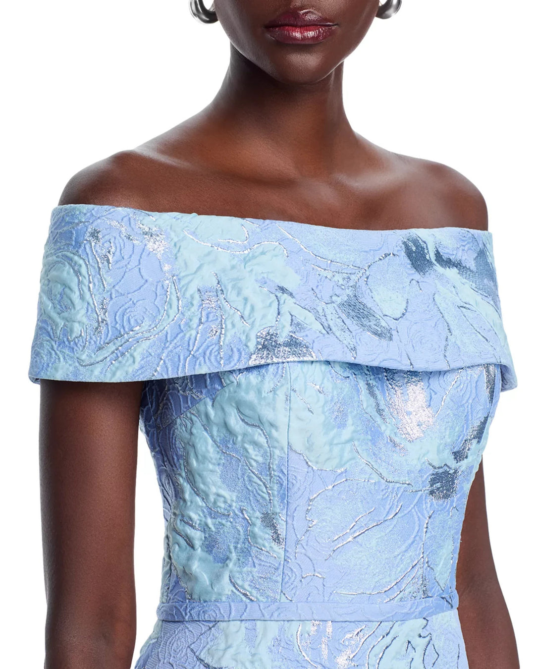 Teri Jon by Rickie Freeman Off-the-Shoulder Metallic Jacquard Gown MSRP $880
