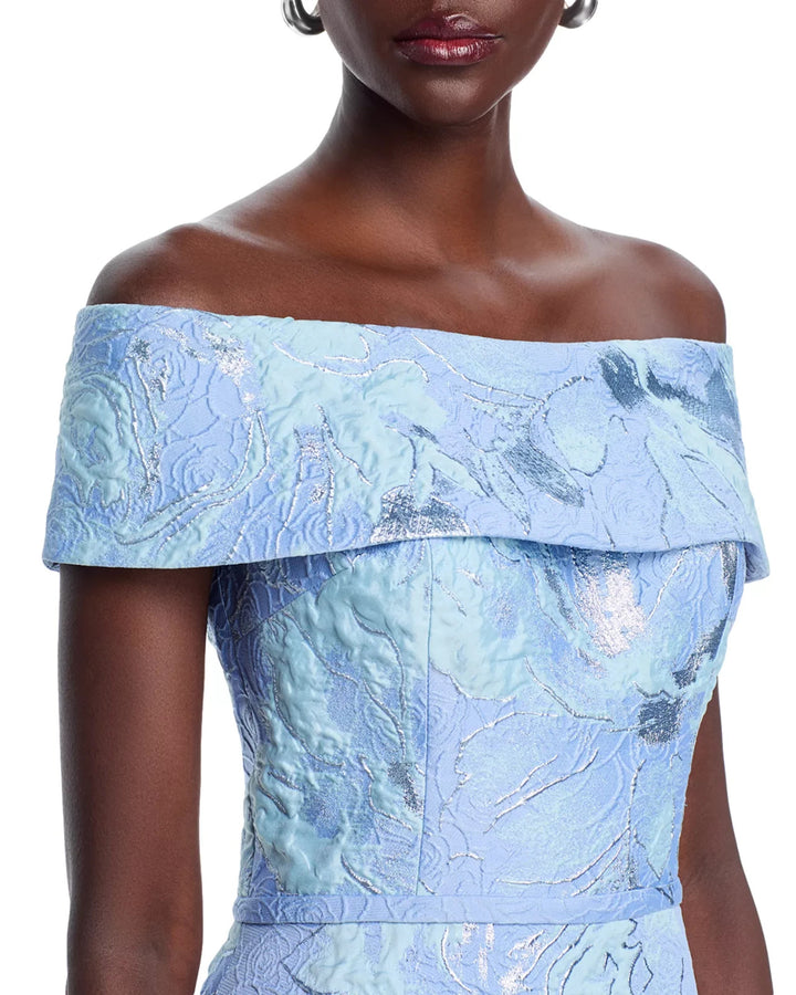 Teri Jon by Rickie Freeman Off-the-Shoulder Metallic Jacquard Gown MSRP $880
