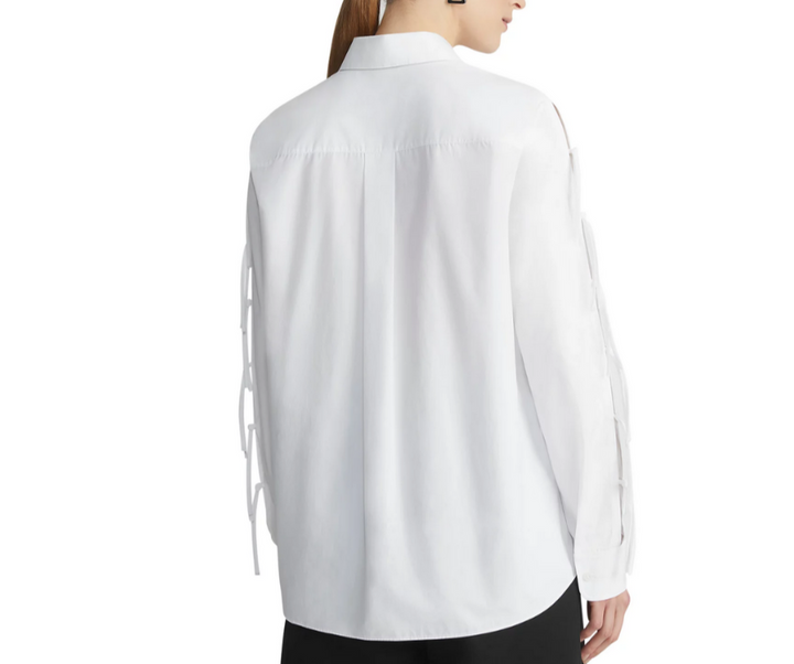 Lafayette 148 New York Cotton Poplin Fringe Tie Shirt MSRP $698