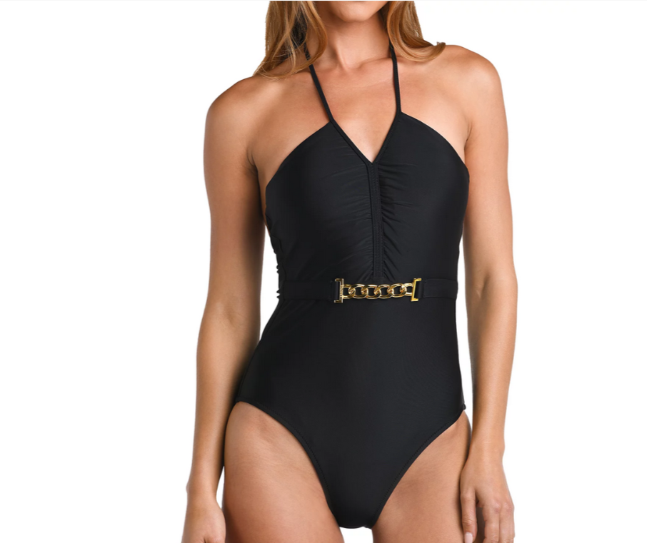 L'AGENCE Leila Solid Halter Neck One Piece Swimsuit MSRP $275