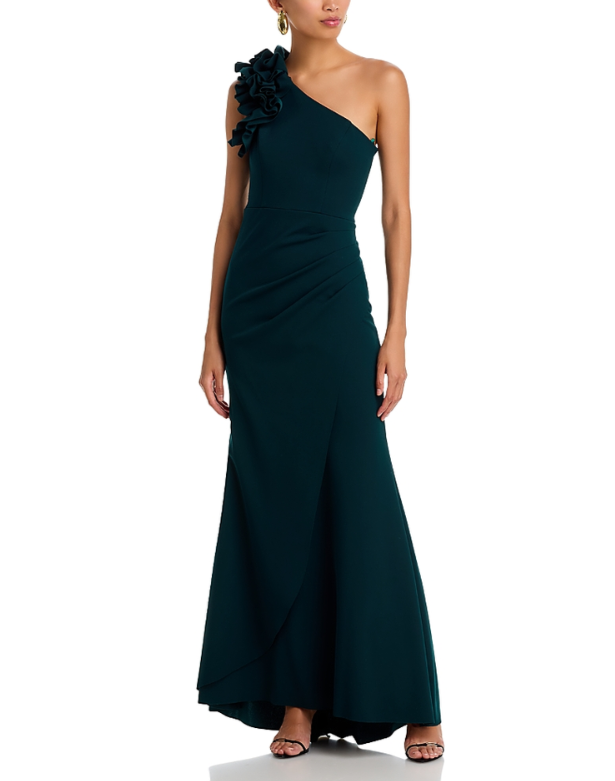 AQUA One Shoulder Ruffle Crepe Gown MSRP $308