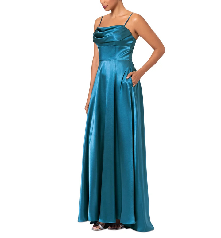 Betsy & Adam Satin Empire-Waist Cowlneck Dress MSRP $239 Size 4 # 14B 2042 NEW
