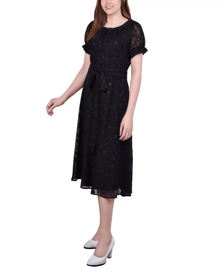 NY Collection Petite Short Sleeve Belted Swiss Dot Dress MSRP $52