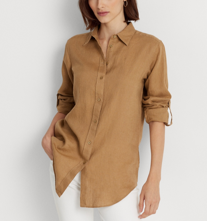 Lauren Ralph Lauren Linen Roll-Tab Sleeve Shirt MSRP $115