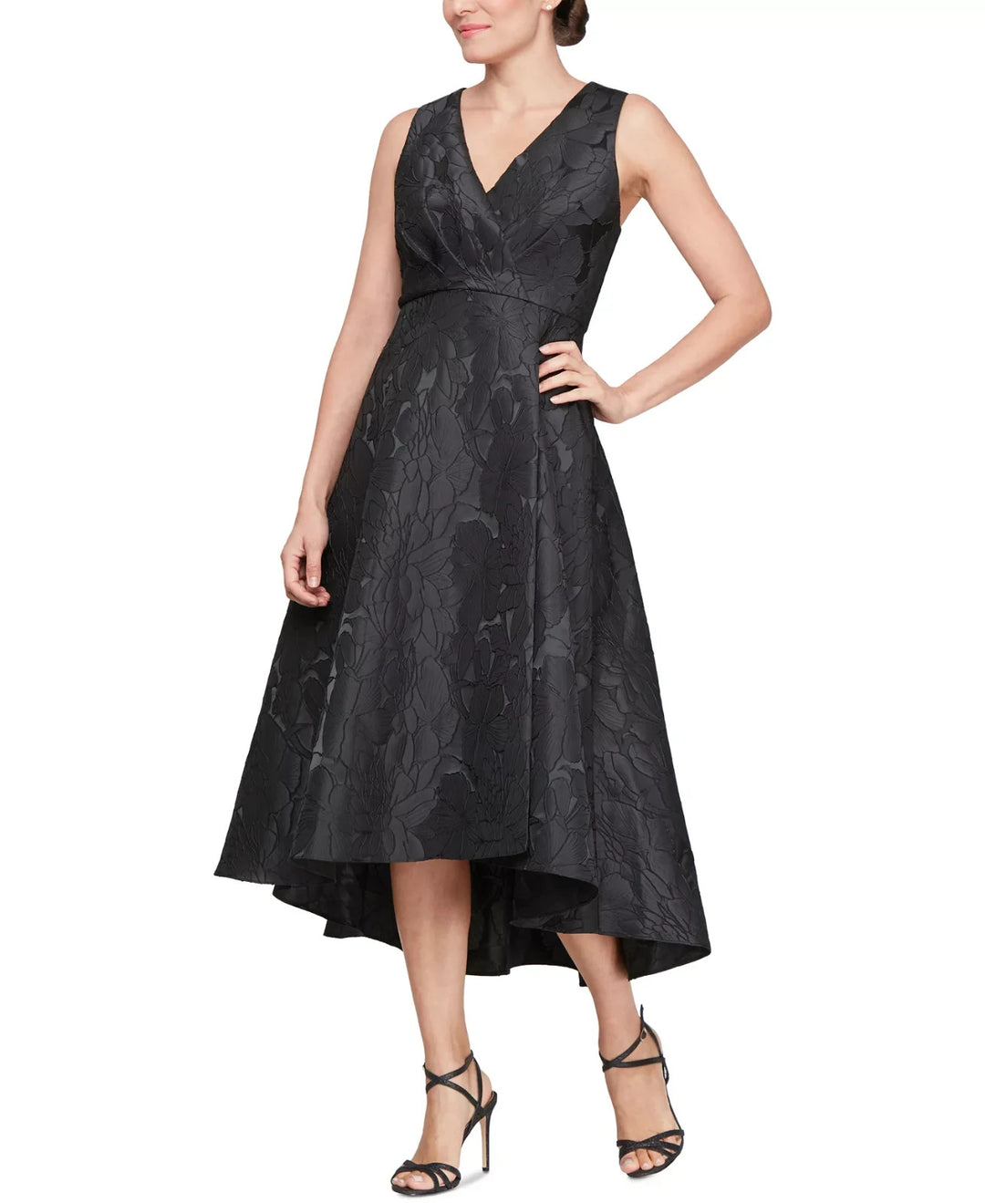 SL Fashions Women's Jacquard V-Neck High-Low Dress MSRP $139