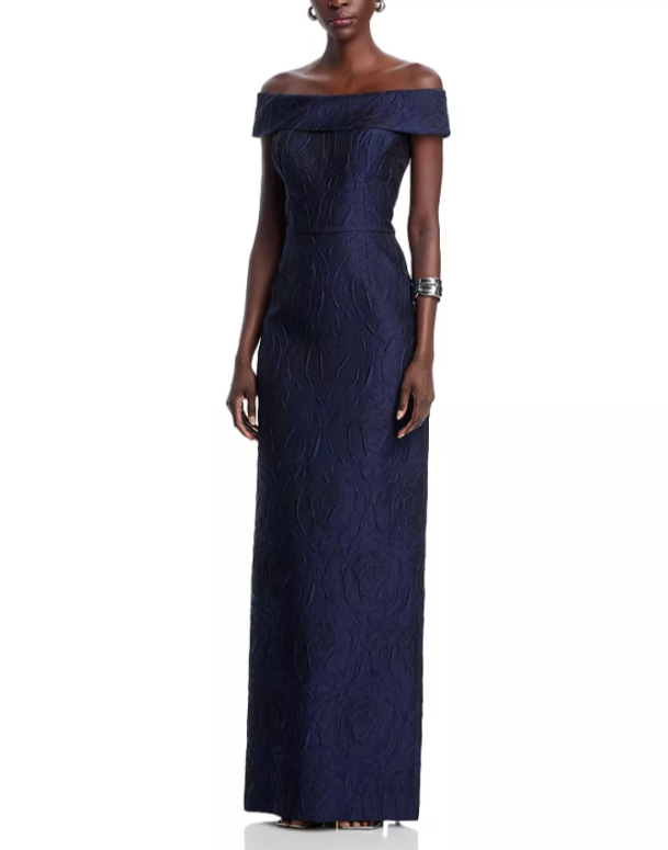 Teri Jon by Rickie Freeman Jacquard Off-the-Shoulder Gown MSRP $500