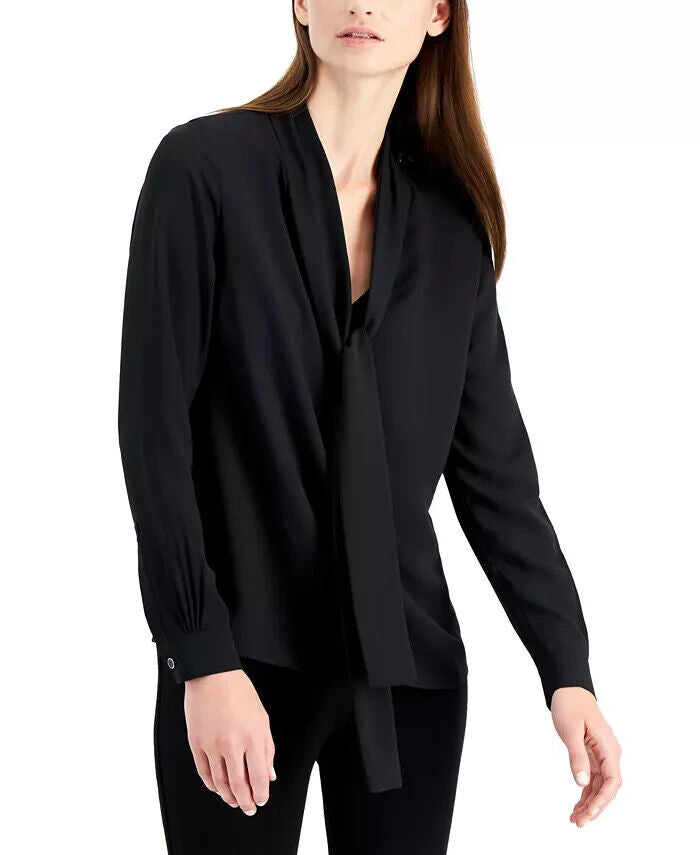 Anne Klein Tie-Neck Buttoned-Cuff Top