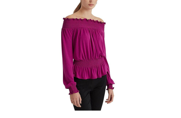 Ralph Lauren Smocked Off-the-Shoulder Balloon Sleeve Top