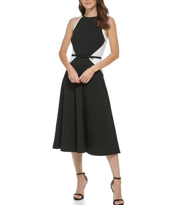 DKNY Sleeveless Color-Block Belted Halter Dress