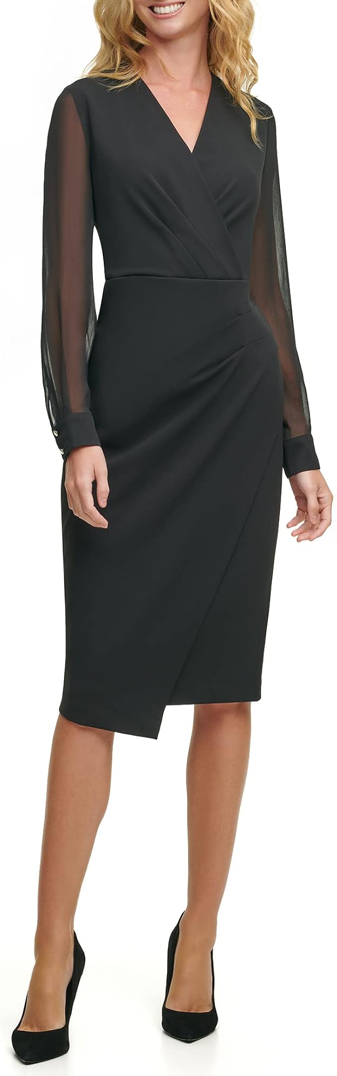 Tommy Hilfiger V-Neck Sheer Sleeve Asymmetrical Hem Dress