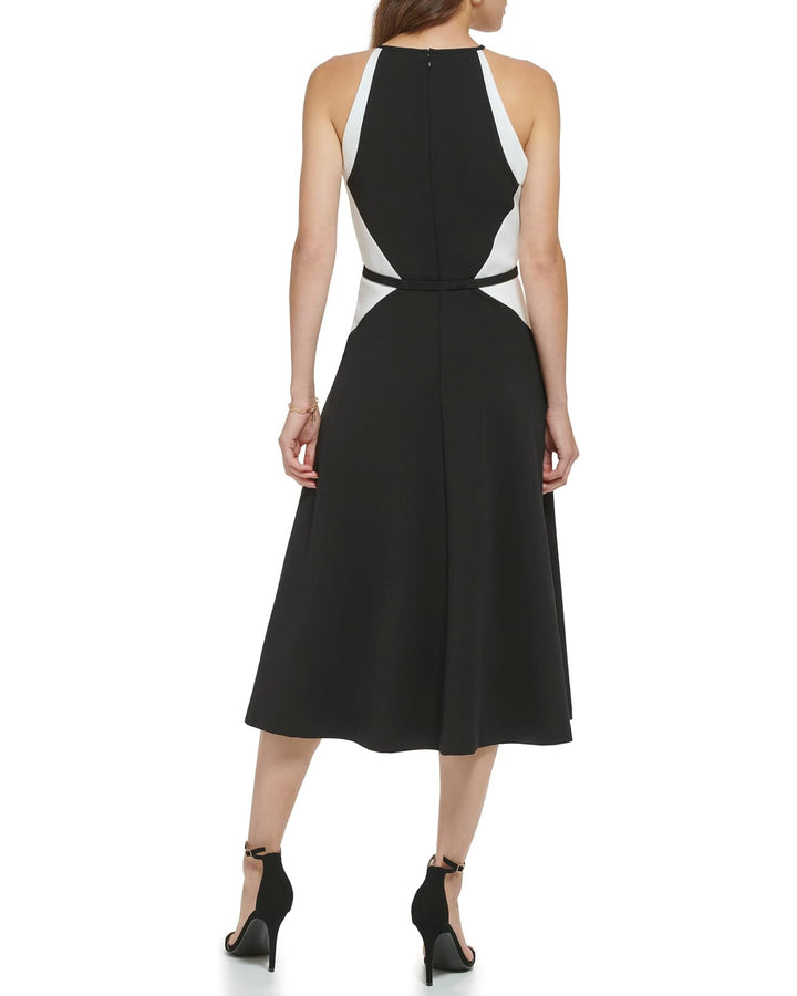 DKNY Sleeveless Color-Block Belted Halter Dress