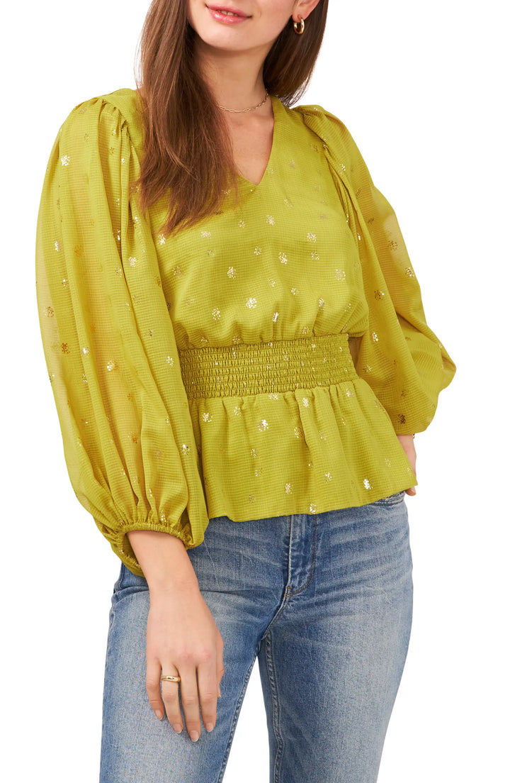 Vince Camuto Foiled Smocked-Hem Puff-Sleeve Blouse