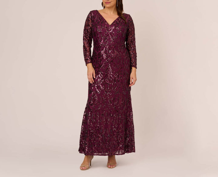 Adrianna Papell Sequin Lace V-Neck Long Sleeve Mermaid Dress
