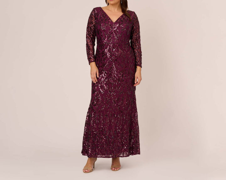 Adrianna Papell Sequin Lace V-Neck Long Sleeve Mermaid Dress