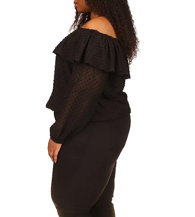 MICHAEL MICHAEL KORS Plus Size Beaded Off-The-Shoulder Ruffle-Neck Top