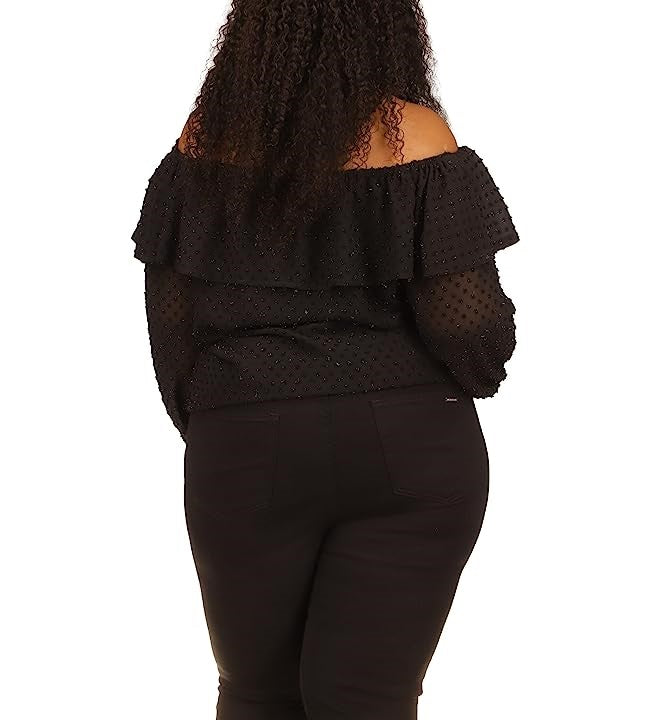 MICHAEL MICHAEL KORS Plus Size Beaded Off-The-Shoulder Ruffle-Neck Top