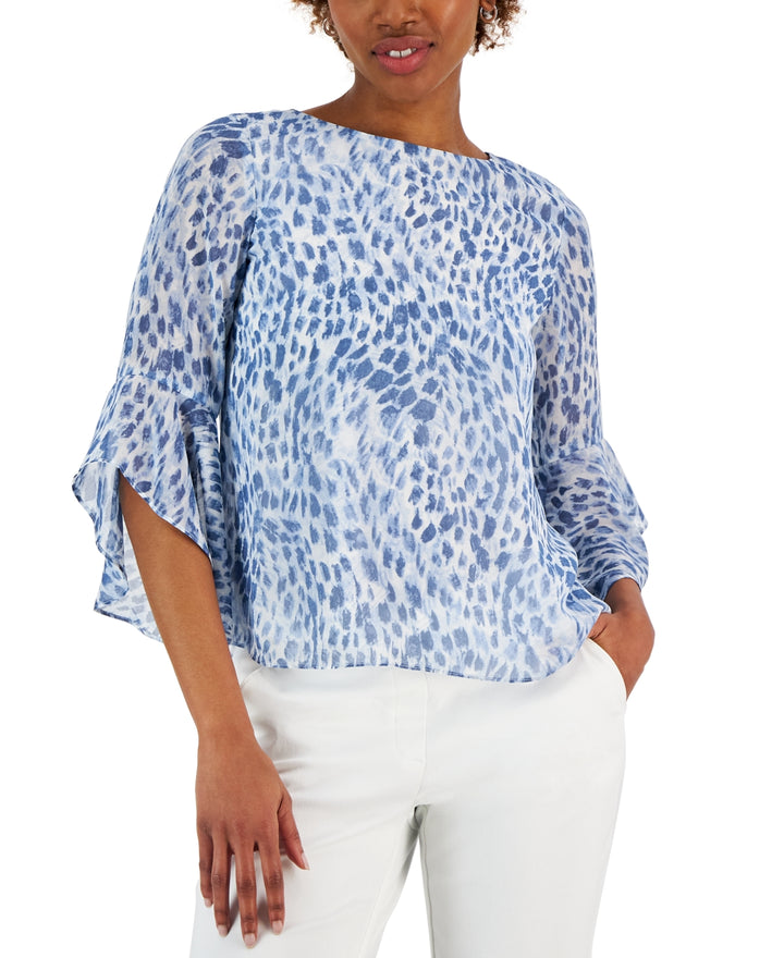 Kasper Printed 3/4 Ruffle-Sleeve Blouse