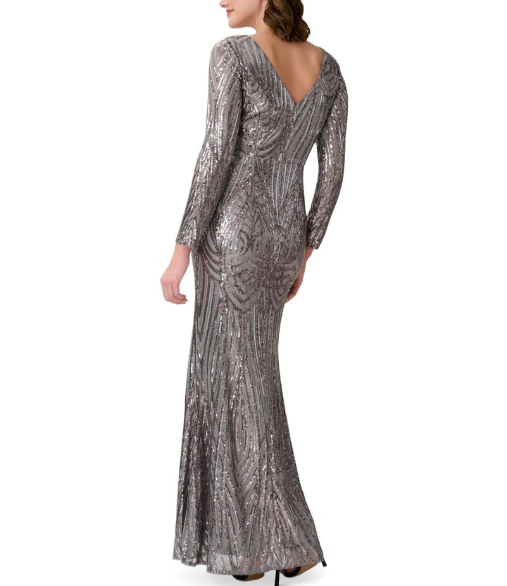 ADRIANNA PAPELL Long Sleeve Stretch Sequin Mermaid Gown