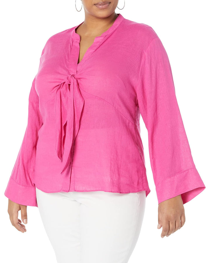 MICHAEL KORS Plus Size Solid Long Sleeve Tie Blouse