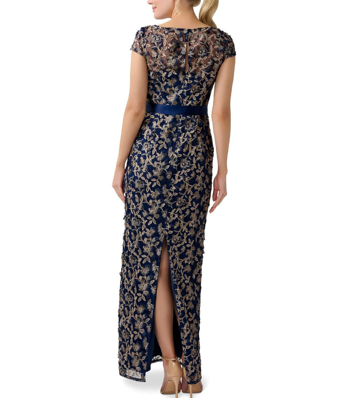 ADRIANNA PAPELL Cap Sleeve 3-D Embroidered Column Gown