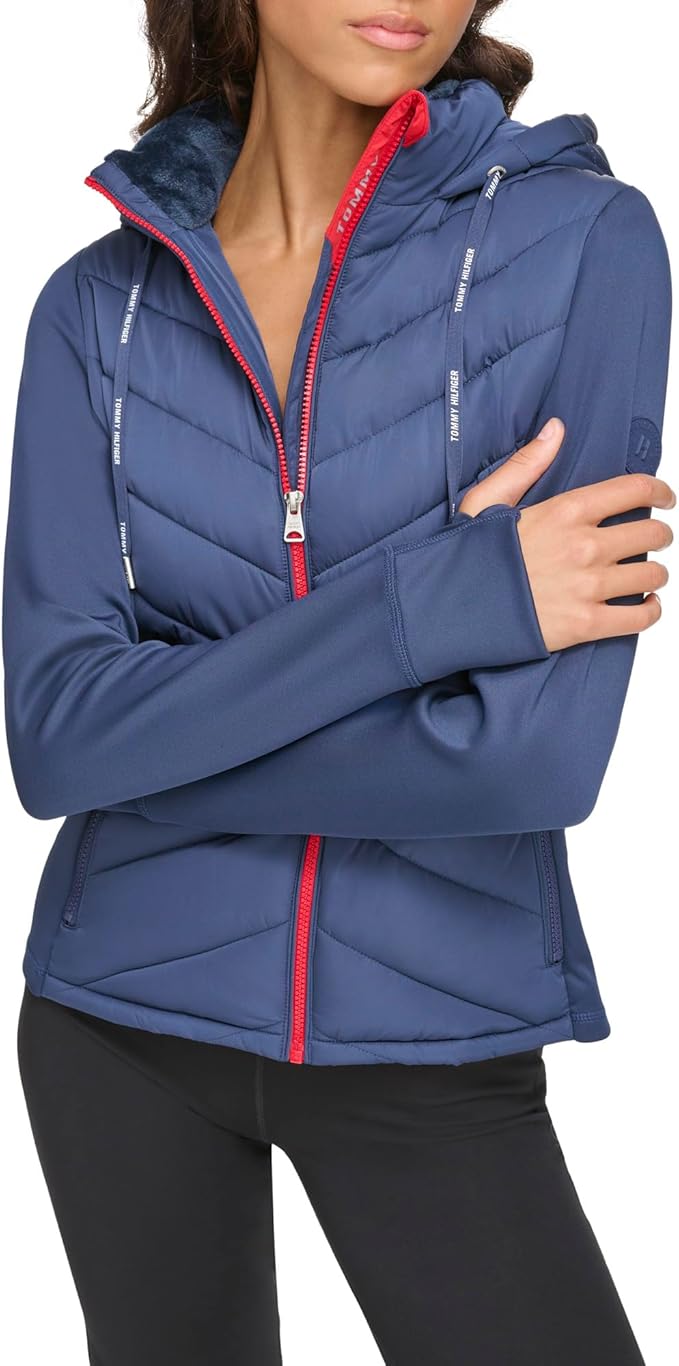 Tommy Hilfiger Sport Hooded Hybrid Puffer Jacket with Sherpa Lined Collar