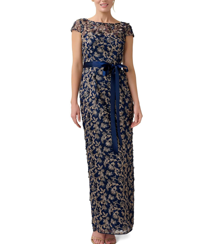 ADRIANNA PAPELL Cap Sleeve 3-D Embroidered Column Gown