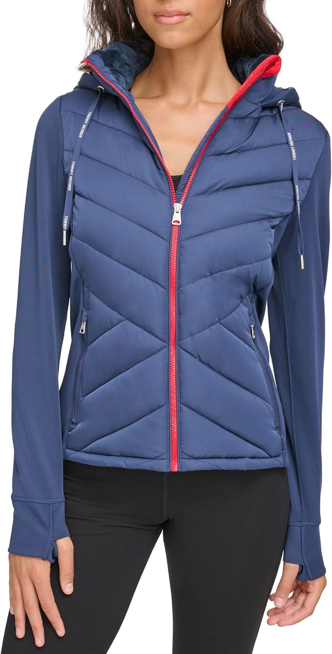 Tommy Hilfiger Sport Hooded Hybrid Puffer Jacket with Sherpa Lined Collar