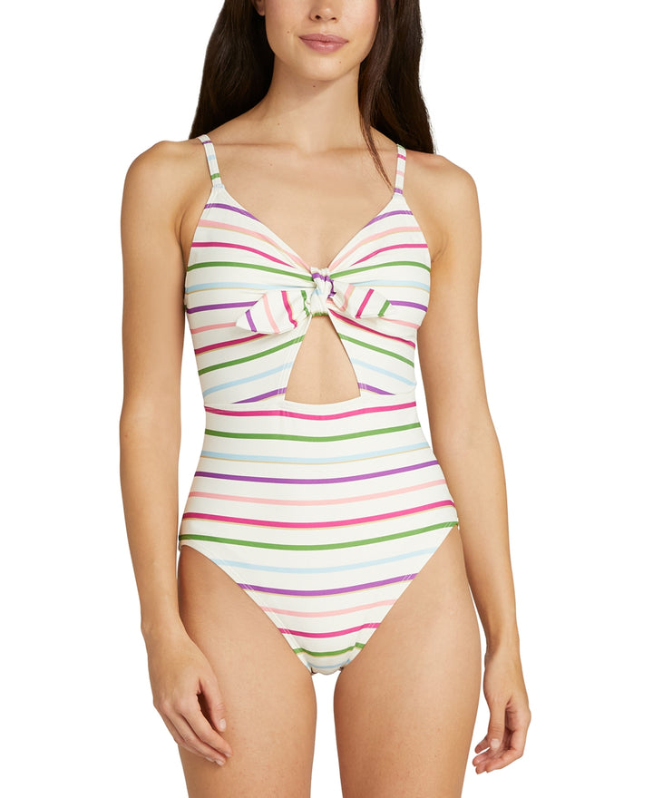 Kate Spade New York Striped Bunny-Tie Cut-Out One-Piece Swimsuit