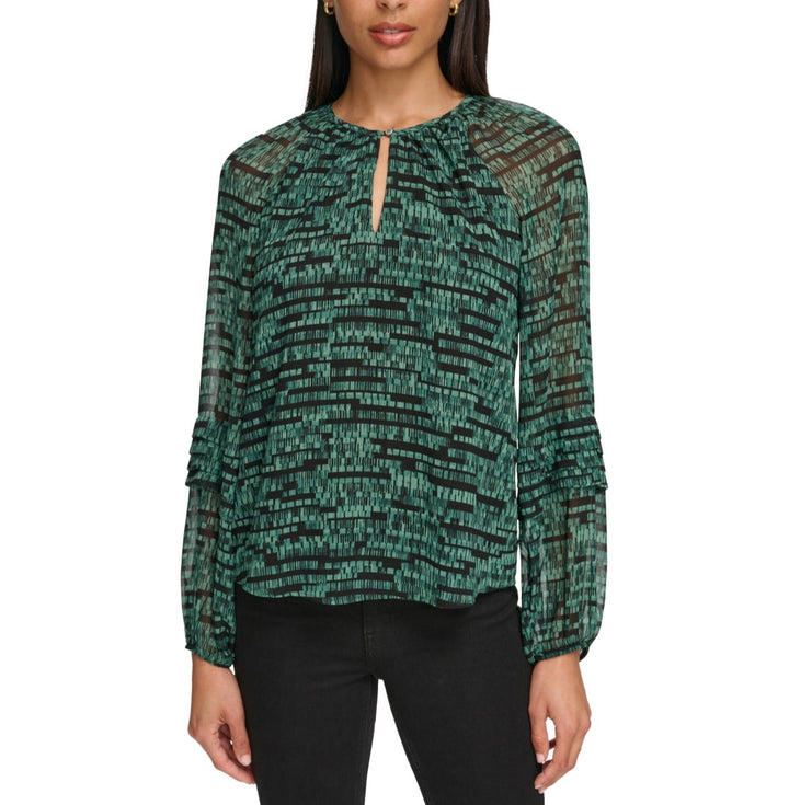 Calvin Klein Long-Sleeve Printed Keyhole Blouse