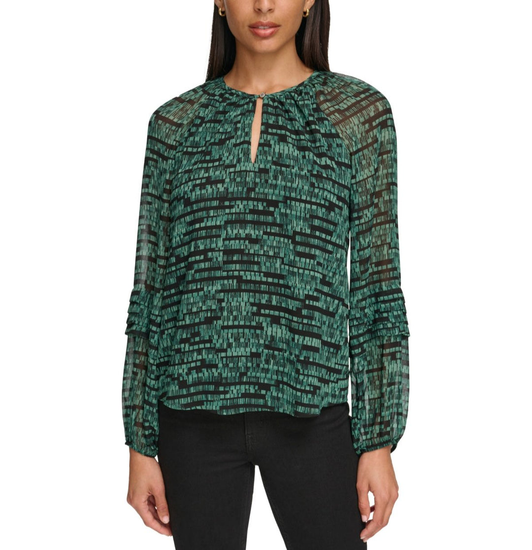 Calvin Klein Long-Sleeve Printed Keyhole Blouse