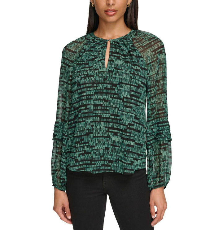 Calvin Klein Long-Sleeve Printed Keyhole Blouse