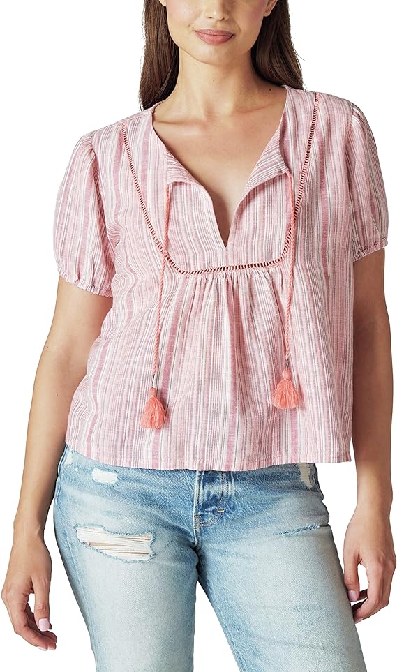 Lucky Brand Open Neck Embroidered Peasant Blouse