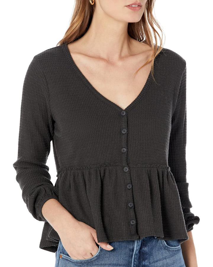 Lucky Brand Cloud Jersey Waffle Button Thru Top
