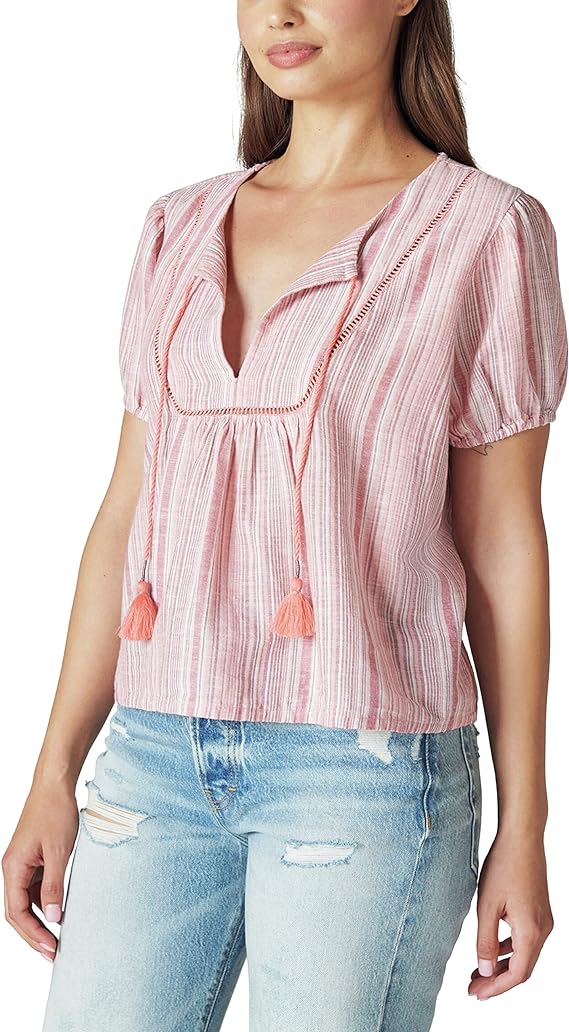 Lucky Brand Open Neck Embroidered Peasant Blouse