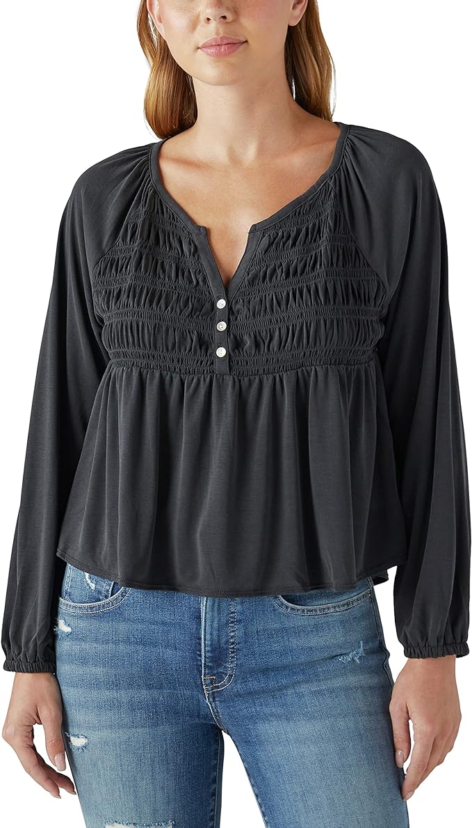 Lucky Brand Women's Smocked Long-Sleeve Top