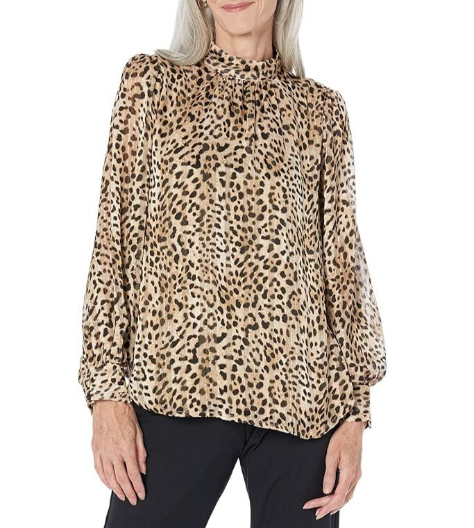 Vince Camuto Leopard Print Mock Neck Blouse