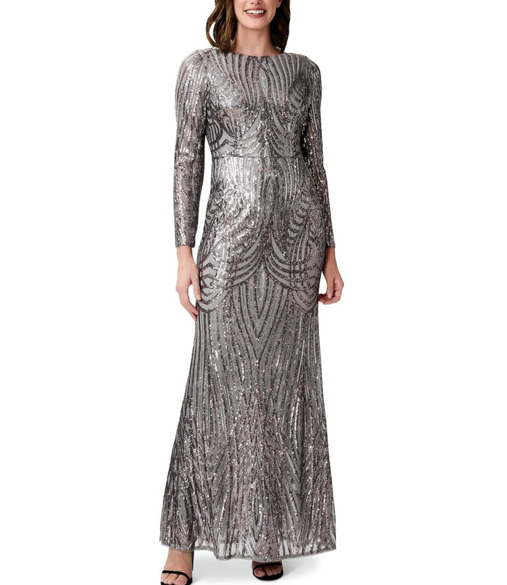 ADRIANNA PAPELL Long Sleeve Stretch Sequin Mermaid Gown