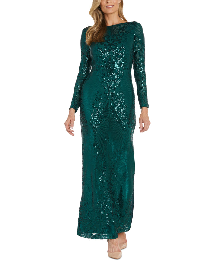 Nightway Sequin Long-Sleeve Illusion Gown