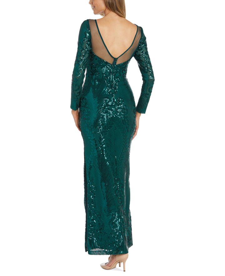 Nightway Sequin Long-Sleeve Illusion Gown