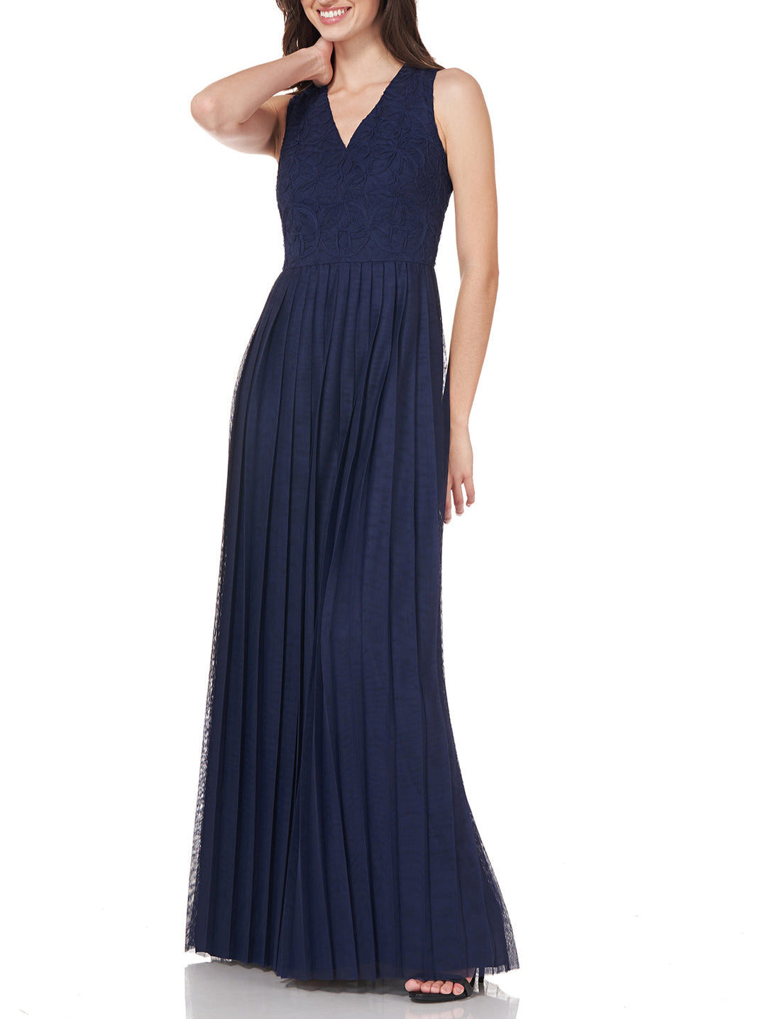 Js Collections Pleated V-Neck Gown