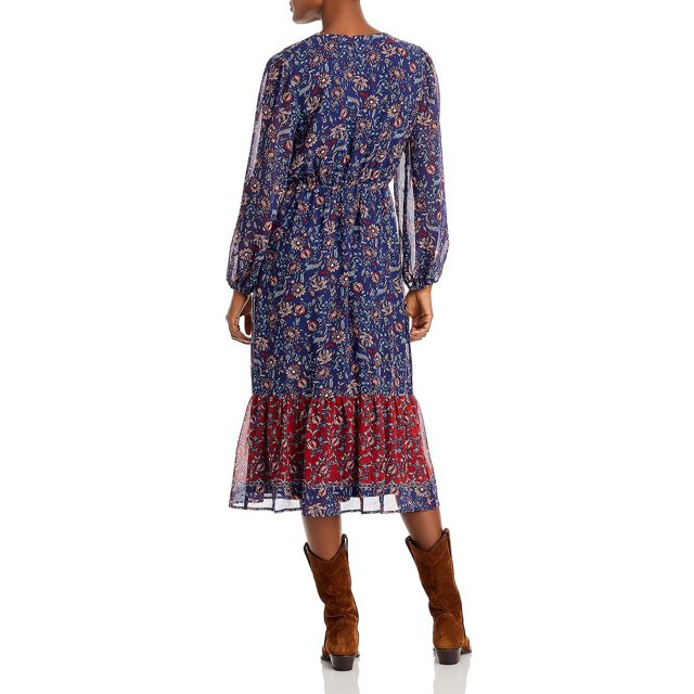 AQUA Floral Sheer Puff Sleeve Midi Dress