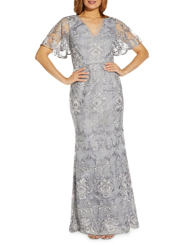 Adrianna Papell Metallic Embroidered Mermaid Gown