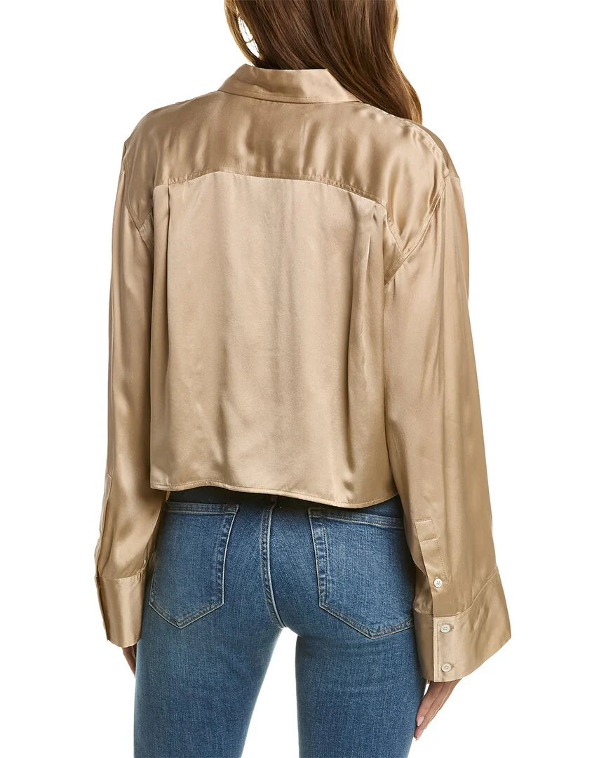 FRAME Silk Cropped Wide Sleeve Blouse